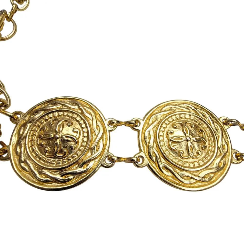 Vintage Gold Tone Medallion Chain Belt Baroque Coin Crest Adjustable Waist